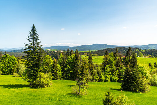 View from lookout tower on sedlo Beskyd above Oravska Lesna village in Slovakia