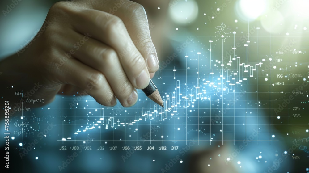Aufkleber an investor invests in growth on a currency rate based on a growing virtual hologram of statistics, 