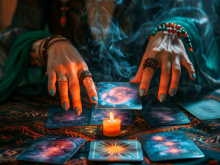 The hands of a fortune teller lays out and reads tarot cards, predicts fate in a mystical atmosphere with candles - 758895212