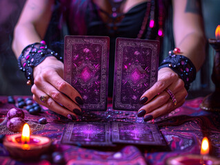 The hands of a fortune teller lays out and reads tarot cards, predicts fate in a mystical atmosphere with candles - 758895274