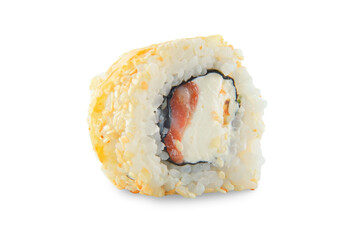 Sushi roll with cheese and salmon, on white background.