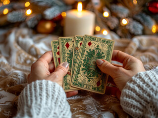 The witch holds tarot cards in her hands, predicts fate against the background of a Christmas tree - 758895404