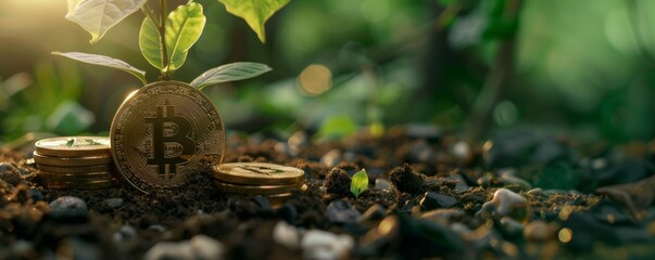 Bitcoin investement and green economy. Stack of bitcoin with a plant sprout with leaves growing above. Cryptocurrencies and ecology
