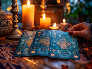 Tarot cards laid out on a table in a mystical atmosphere with candles - 758895484