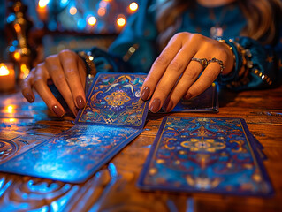 The witch lays out tarot cards and predicts fate in a mystical atmosphere with candles - 758895620