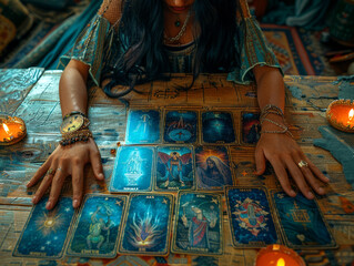 Fortune teller lays out tarot cards and predicts fate in a mystical atmosphere with candles - 758895627