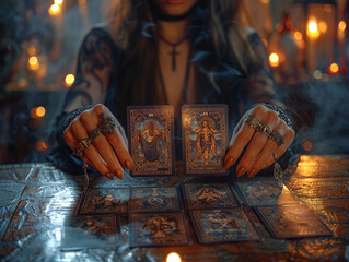 Fortune teller holds tarot cards in her hands and predicts fate in a mystical atmosphere with candles - 758895657