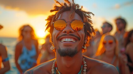 At sunset, a crowd of men and women celebrate at an unforgettable music event, giggling with joy and laughter. This photo was intentionally taken using film grain. - obrazy, fototapety, plakaty