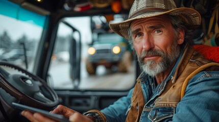 In the sunshine, a mature farmer sits in a tractor using a tablet computer