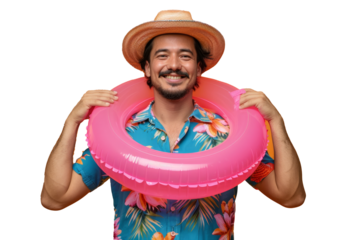 Full body portrait of a smiling happy fun cool tourist wearing a beach shirt hat and holding an inflatable ring, isolated on a plain orange background, summer vacation sea fun sun tan concept.