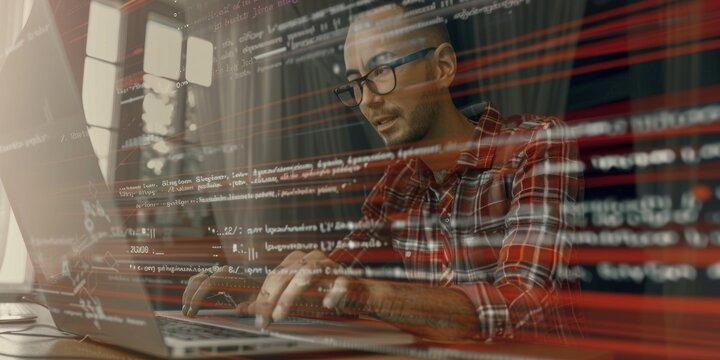 developer at work developing a software, the developer is writing code looking the screen in front of him. 
