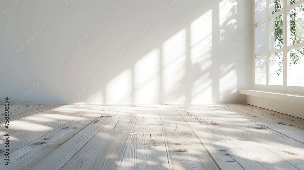 Poster 3d rendering of a white empty room and wood laminate floor with light casting shadows on the wall. t