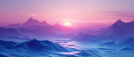 Obraz premium A serene 3D geometric landscape at dusk, with low-poly mountains fading into the horizon