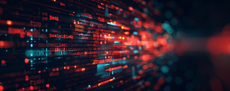 Cybersecurity backgorund, header banner for cyber threats and cybercrime concept. Set of numbers and lighting dots in grid as digital code. Intrusion data breach network analysis concept background