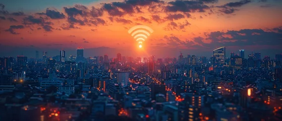 Foto op Plexiglas ICT concept of a cityscape with Wi-Fi connectivity © Zaleman