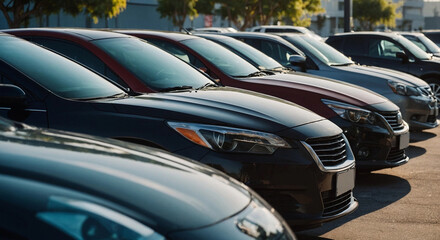 Car parked at outdoor parking lot. Used car for sale and rental service. Car insurance background. Automobile parking area. Car dealership and dealer agent concept. Automotive industry
