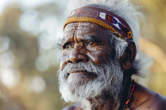 An elderly, older indigenous Aboriginal Australian man staring at the camera. Traditional head band. First Nations people.