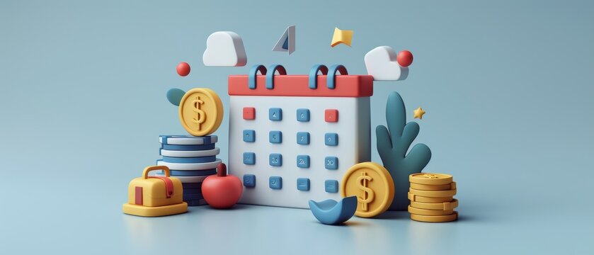 Check in every day and get a bonus and cash prize. Salary schedule. Plan payment concept. Cartoon creative icon design isolated on blue background. 3D rendering.