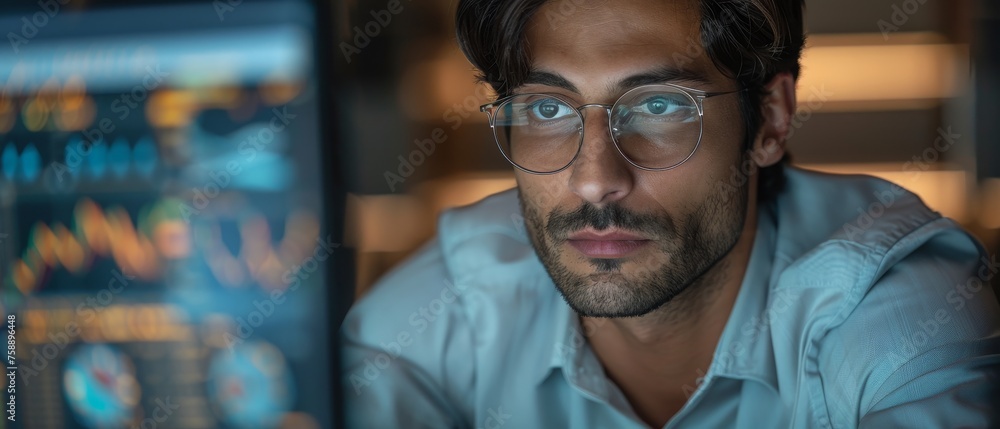 Poster a south asian financial securities trader using his desktop computer in a modern office. a handsome 