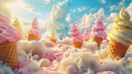 A fantasy 3D ice cream world, with flavors swirling into cones for a frozen treat brand - obrazy, fototapety, plakaty