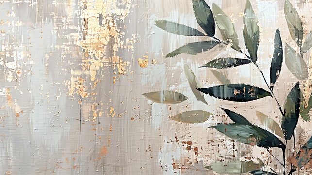 Oil on canvas. Textured background. Abstract artistic background. Retro, nostalgic, golden brushstrokes. Abstract art background. Green leaves, green, gray, wallpaper, posters, cards, murals,