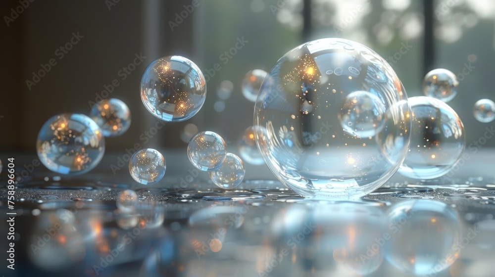 Poster An animation of a liquid drop falling on a transparent background. Lots of transparent bubbles of different shapes falling.