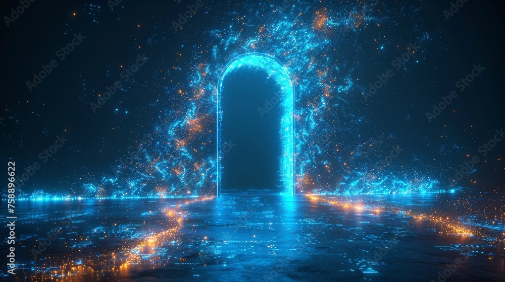 Poster future science fiction concept of an open door at a digital path. polygonal wireframe glowing portal