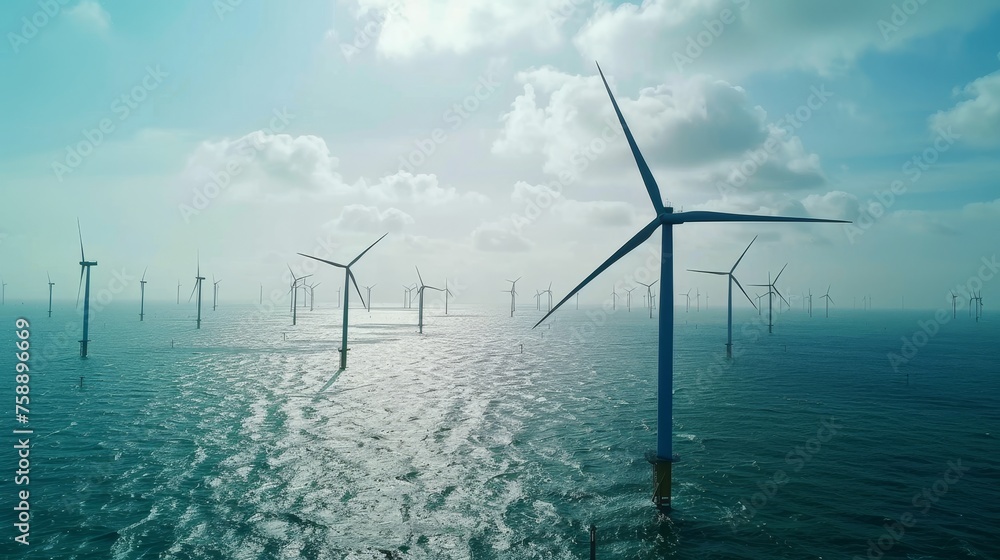 Aufkleber flevoland netherlands ijsselmeer, offshore windmill park aerial view with clouds and a blue sky. gre