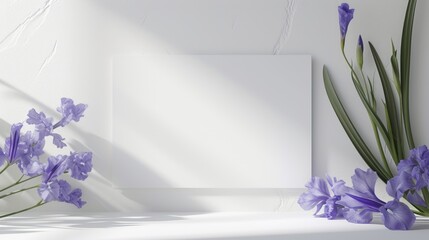 Simple hanging white paper card for invitation with embellished with a cluster of japanese blue iris flower on white concrete wall. 3D mockup greeting card
