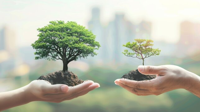 The concept of World Environment Day is two human hands holding a big tree and a city over a blurred background of nature