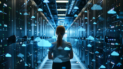 A women stands in front of a data center with cloud icons floating above