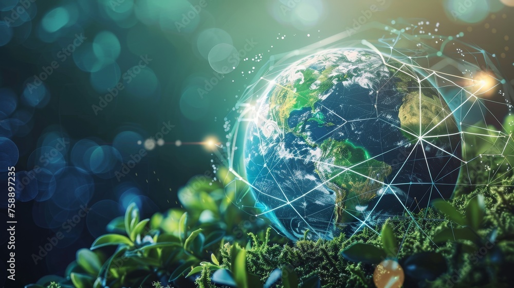 Poster developing sustainable development goals. global communication network concept. environmental techno
