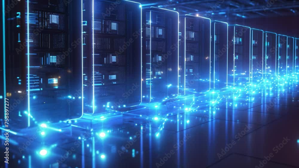 Poster 3d rendering server room data center with neon lights. server room data center, row of network serve