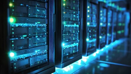 network server room with hard drives in blue light 3d render, Row of network servers with glowing LED lights, AI Generated - Powered by Adobe