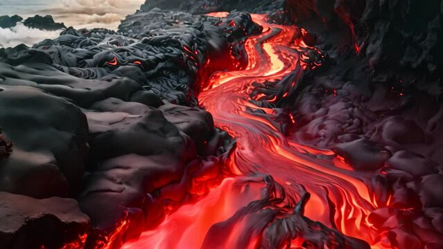 Volcanic lava flow in Hawaii Volcanoes National Park, Big Island, River of pahoehoe lava flowing down a cliff, AI Generated