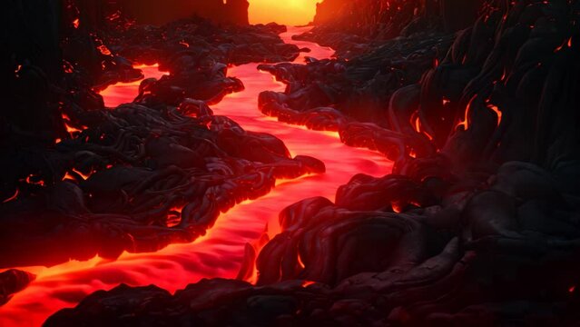 3D illustration of a lava flow in an alien landscape with flames, River of pahoehoe lava flowing down a cliff, AI Generated