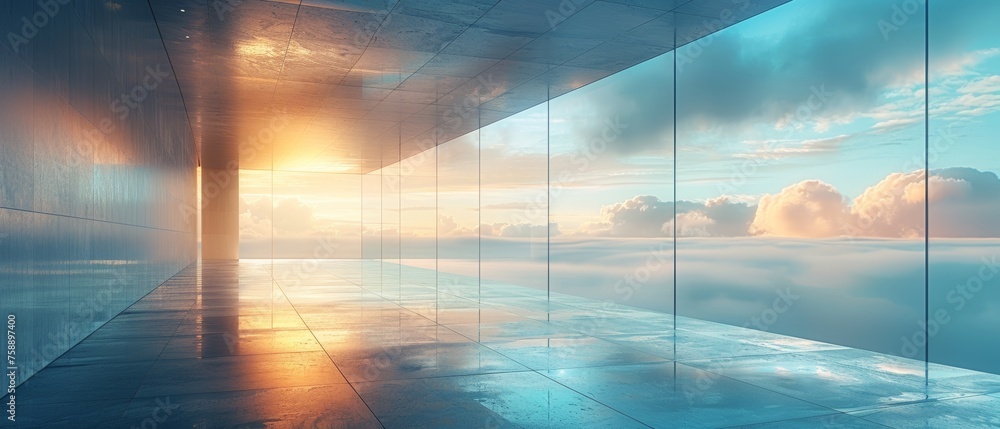 Leinwandbilder an abstract futuristic glass architecture and an empty concrete floor are rendered in 3d.
