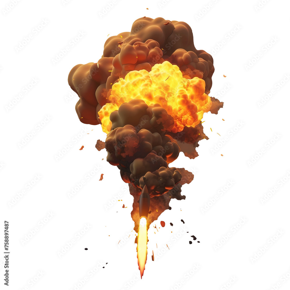 Poster cartoon illustration of explosion with flame and flash isolated on black background. sprite sheet of