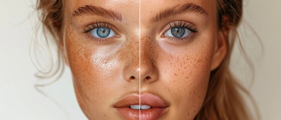 Before and after spray or lotion tanned woman's skin.