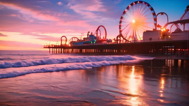 Sunset view of the pier and ferris wheel at Brighton Beach, England, Santa Monica pier at sunset, AI Generated