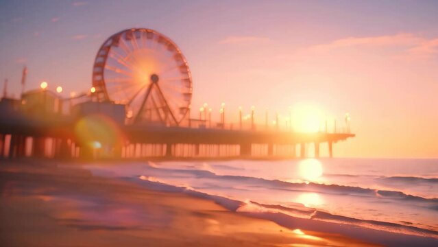 Pier and ferris wheel on the beach at sunset. 3d render, Santa Monica pier at sunset, AI Generated