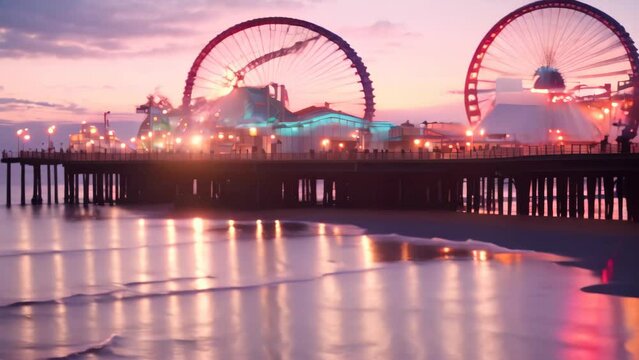 Sunset view of the pier and the ferris wheel in San Francisco, Santa Monica pier at sunset, AI Generated
