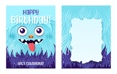 Monster party invitation set. Happy Birthday greeting cards. Festive postcards featuring a fluffy cartoon monster. Vector design with a cute creature for your celebration event. Layered template.