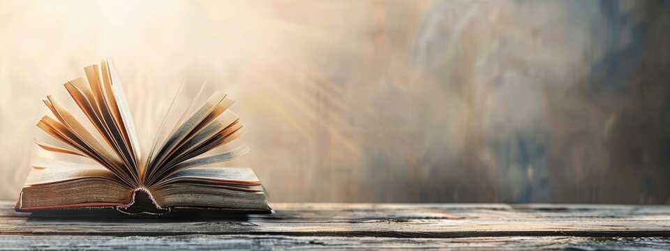 Sunlight streams across the open pages of a book, symbolizing enlightenment and the discovery that comes from reading. Panorama with copy space.