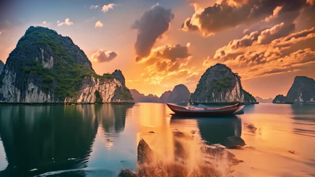 Beautiful sunset over Halong bay, Vietnam. Panoramic view, seascape sunset at Halong Bay, AI Generated