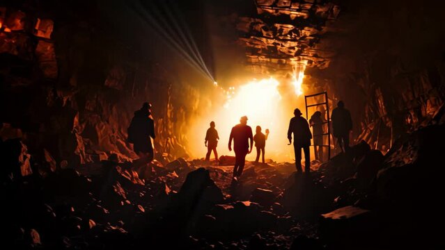 Silhouette of a group of unknown people standing in a dark underground tunnel. Selective focus, Silhouette of Miners with headlamps entering underground coal mine, AI Generated