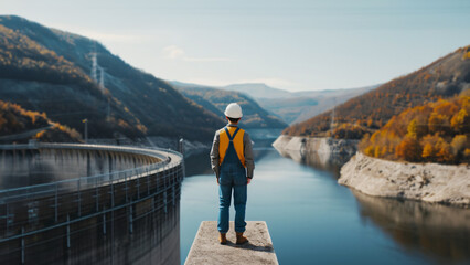 Fototapeta na wymiar Engineer atop a hydroelectric dam gazes out over the serene reservoir, surrounded by autumnal hills. Concept of power of water as a renewable energy source, decarbonization, clean-tech, green energy