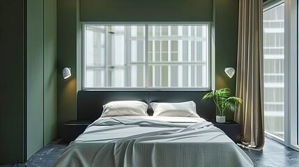Modern Bedroom Interior with Cozy Bedding and Elegant Furniture, Providing a Comfortable and Stylish Space for Rest and Relaxation