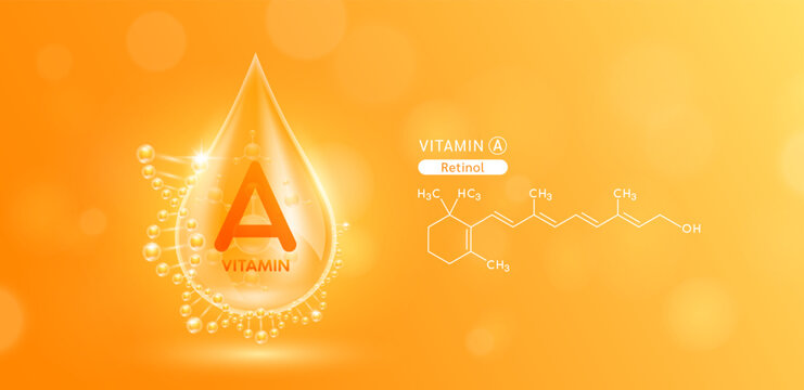 Drop water serum solution vitamin A or Retinol surrounded by DNA and chemical structure. Vitamins complex with molecule atom from nature orange. Nutrition skin care cosmetics banner. Vector.