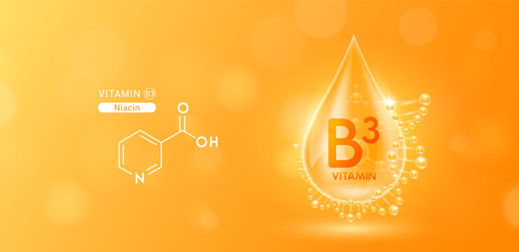 Drop water serum solution vitamin B3 or Niacin surrounded by DNA and chemical structure. Vitamins complex with molecule atom from nature orange. Nutrition skin care cosmetics banner. Vector.